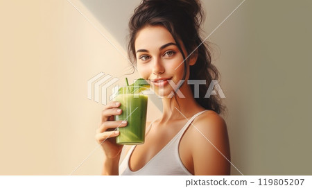 Brunette hair woman in blue top drinks glass of healthy green smoothie. Healthy eating. 119805207