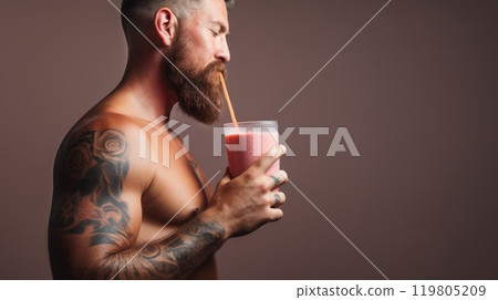 Muscular man showcasing his physique while holding a delicious strawberry milkshake in a gym setting 119805209