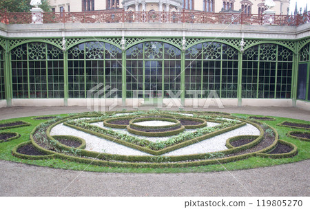 View of the Orangery at the centre of the lakeside complex in the gardens of Schwerin Castle in Schwerin, Germany View of the Orangery at the centre of the lakeside complex in the gardens of Schwerin Castle in Schwerin, Germany 119805270