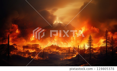 Brave Firefighters Engage in a Fierce Battle Against a Rapidly Spreading Wildfire on Mountainside 119805378