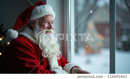 Santa Claus gazing out the window on Christmas Eve with his sack full of presents and Christmas tree 119805463