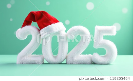 Soft and furry white 2025 New year with a red Santa hat on a pastel green background. 119805464