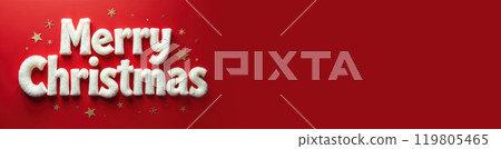 White fluffy 3D Merry Christmas text isolated on red background with golden snowflakes with space for text. 119805465