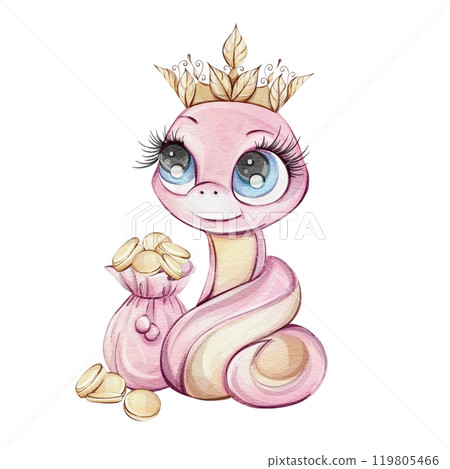 Adorable and charming Pink Snake Princess adorned with shimmering Gold Coins and joyfully smiling. Symbol wealth of Chines New Year 2025 in cute cartoon style for souvenirs, printing, packaging 119805466