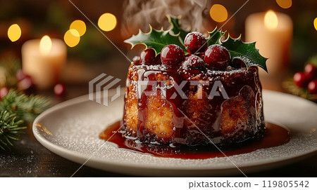 A classic Christmas pudding with caramelized surface, topped with holly leaves and berries, 119805542