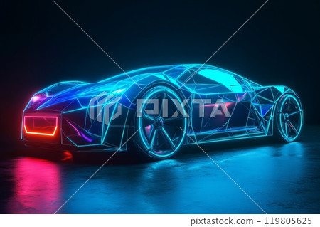 concept electric car made of blue neon 3D polygons concept electric car made of blue neon 3D polygons 119805625