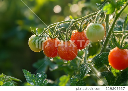 Cherry tomatoes with dew in the morning sun 119805637