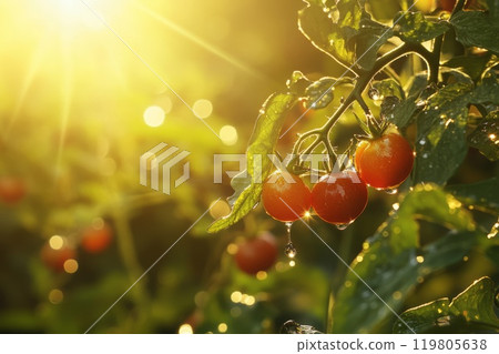 Cherry tomatoes with dew in the morning sun 119805638