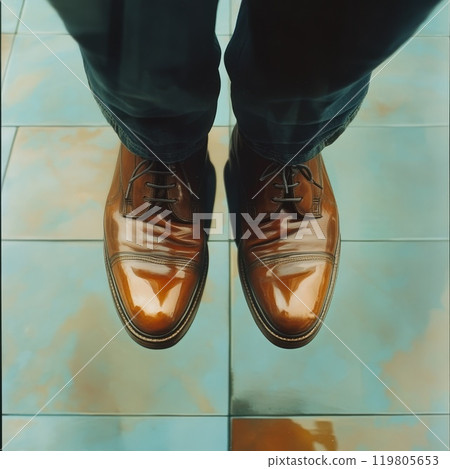 close-up of feet in shoes of a businessman on a mirror surface, side view 119805653