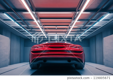 bottom side view of modern car in garage 119805671