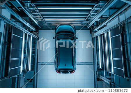bottom side view of modern car in garage 119805672
