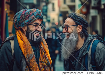Muslim and Jewish people talking on city street Muslim and Jewish people talking on city street 119805686