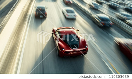 a sports car rushes along the highway, motion blur effect a sports car rushes along the highway, motion blur effect 119805689