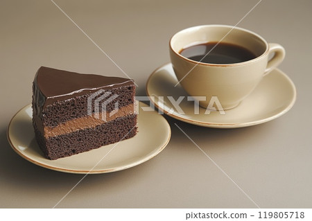 a piece of chocolate sponge cake on a saucer next to a cup of coffee a piece of chocolate sponge cake on a saucer next to a cup of coffee 119805718