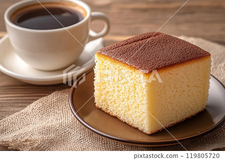 a piece of chocolate sponge cake on a saucer next to a cup of coffee a piece of chocolate sponge cake on a saucer next to a cup of coffee 119805720