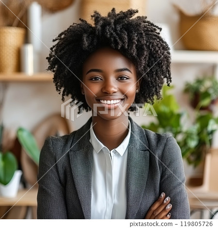 smiling beautiful afro-american businesswoman in business suit on blue background 119805726