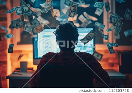 programmer sits in front of a pc, falling money fly around programmer sits in front of a pc, falling money fly around 119805728