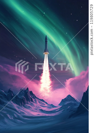 a rocket flies into the sky against the backdrop of the aurora borealis a rocket flies into the sky against the backdrop of the aurora borealis 119805729