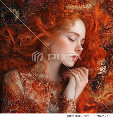 young woman in a dress with red hair and freckles with her closed eyes young woman in a dress with red hair and freckles with her closed eyes 119805738