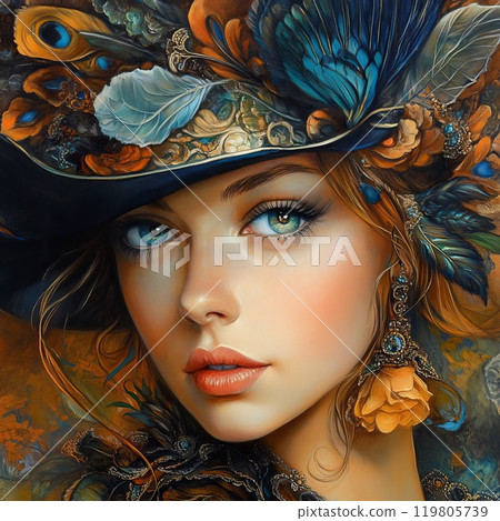 woman in a hat with feather decorations woman in a hat with feather decorations 119805739