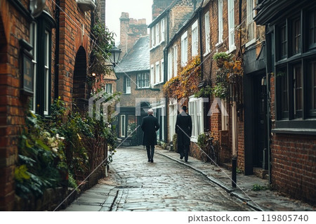 two gentlemen strolling along a cozy English street of the 19th century two gentlemen strolling along a cozy English street of the 19th century 119805740