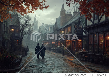 two gentlemen strolling along a cozy English street of the 19th century two gentlemen strolling along a cozy English street of the 19th century 119805741