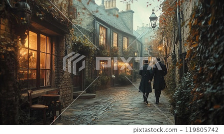 two gentlemen strolling along a cozy English street of the 19th century two gentlemen strolling along a cozy English street of the 19th century 119805742
