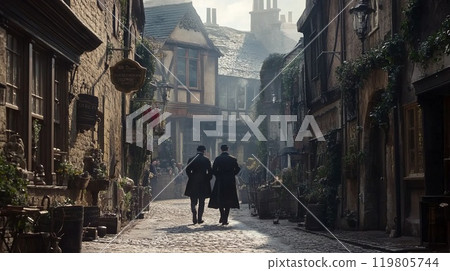 two gentlemen strolling along a cozy English street of the 19th century two gentlemen strolling along a cozy English street of the 19th century 119805744