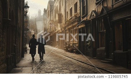 two gentlemen strolling along a cozy English street of the 19th century two gentlemen strolling along a cozy English street of the 19th century 119805745
