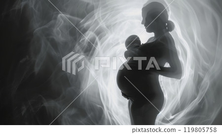 Pregnant woman holding her baby and belly with a happy face on a white background Pregnant woman holding her baby and belly with a happy face on a white background 119805758