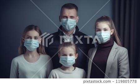 Family of four wearing medical masks during coronavirus pandemic looking scared at the camera. Family of four wearing medical masks during coronavirus pandemic looking scared at the camera. 119805778