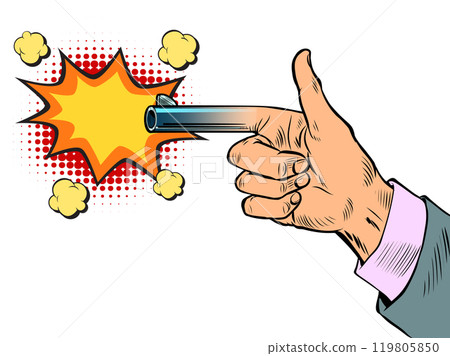 Hand gesture gun with explosion effect. Discounts and promotions for business clients. Effective bright price special offer. Hand gesture gun with explosion effect. Discounts and promotions for business clients. Effective bright price special offer. 119805850