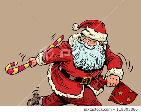 New Year and Christmas are approaching. Santa Claus is running with a cane, lollipop and a bag of gifts. Limited offer for customers in winter. 119805866