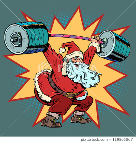 Training and sports even in winter in the gym. Santa Claus holds a barbell. Active advertising and discounts for customers on New Year and Christmas. 119805867