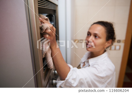 Woman cleaning oven in modern kitchen for spotless hygiene Woman cleaning oven in modern kitchen for spotless hygiene 119806204
