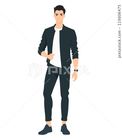 A man in black pants and jackets, a white T-shirt creates contrast and adds freshness. The style looks minimalist and casual. A man in black pants and jackets, a white T-shirt creates contrast and adds freshness. The style looks minimalist and casual. 119806475