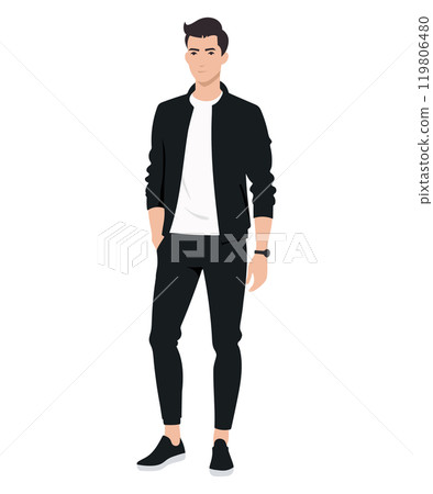 Vector illustration. Young guy in a dark gray suit and white T-shirt. An image that combines style and comfort. 119806480