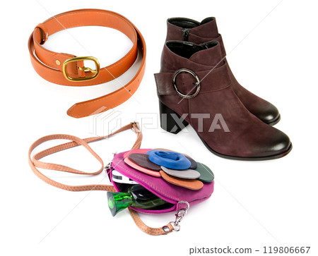 Elegant women's ankle boots, handbag and leather belt isolated on white. Collage. Elegant women's ankle boots, handbag and leather belt isolated on white. Collage. 119806667