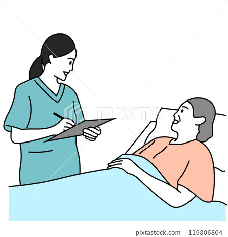 一名護士在病房檢查老年患者的插圖 一名護士在病房檢查老年患者的插圖 119806804