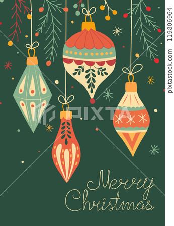 Colorful vintage style Christmas ornaments, festive foliage, snowflakes on green background Colorful vintage style Christmas ornaments, festive foliage, snowflakes on green background 119806964