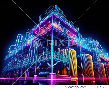 A vibrant, illuminated industrial facility showcasing neon colors at night with complex machinery and structures. Generative AI A vibrant, illuminated industrial facility showcasing neon colors at night with complex machinery and structures. Generative AI 119807122