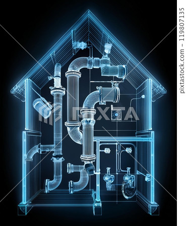 A detailed blueprint of plumbing system layout within a residential house with highlighted components and connections. Generative AI 119807135