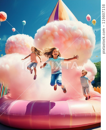 Children joyfully jumping on a colorful inflatable structure resembling cotton candy during a sunny outdoor festival. Generative AI 119807138
