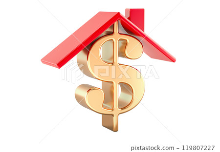 Dollar sign under House Roof, 3D rendering 119807227