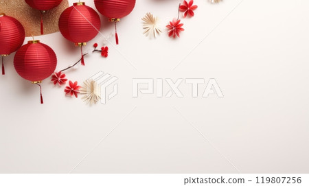 Red Chinese Lanterns And Ornaments On White Background, Top Left Border. Chinese New Year Red Chinese Lanterns And Ornaments On White Background, Top Left Border. Chinese New Year 119807256
