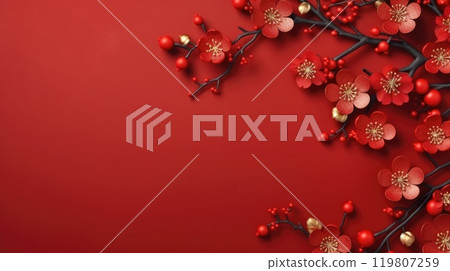 Elegant Red Papercut Flowers on a Solid Red Background for Festive Celebrations and Decorations 119807259