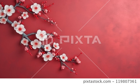 Elegant and Delicate White Plum Blossoms with Pink Centers and Red Stems on Solid Red Background. Chinese New Year Elegant and Delicate White Plum Blossoms with Pink Centers and Red Stems on Solid Red Background. Chinese New Year 119807361