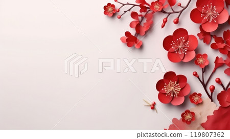 Delicate Red Papercut Flowers on a Crisp White Background for Elegant Design Projects. Chinese New Year 119807362