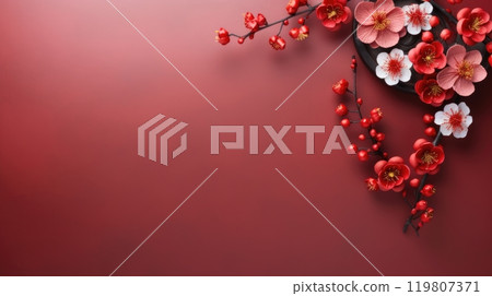 Delicate pink and white cherry blossoms on a solid red background with copy space. Chinese New Year 119807371