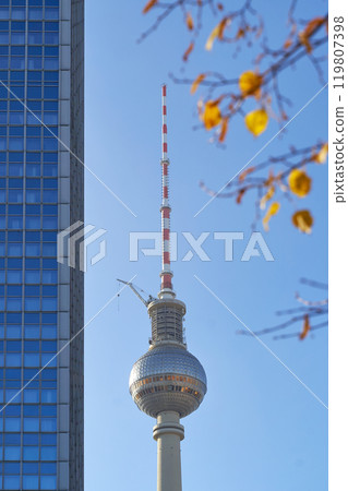 Autumn in Berlin, Germany with famous TV Tower and yellow leaves 119807398
